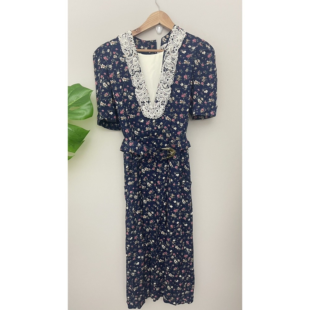 VTG 80s Dress S.L. Fashions Cottagecore Black Floral‎ Rayon with Belt Size 10